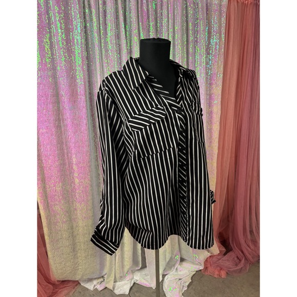Notations Tops - Notations Woman Black White Striped Roll Tab Sleeve Button Down Shirt 1X
